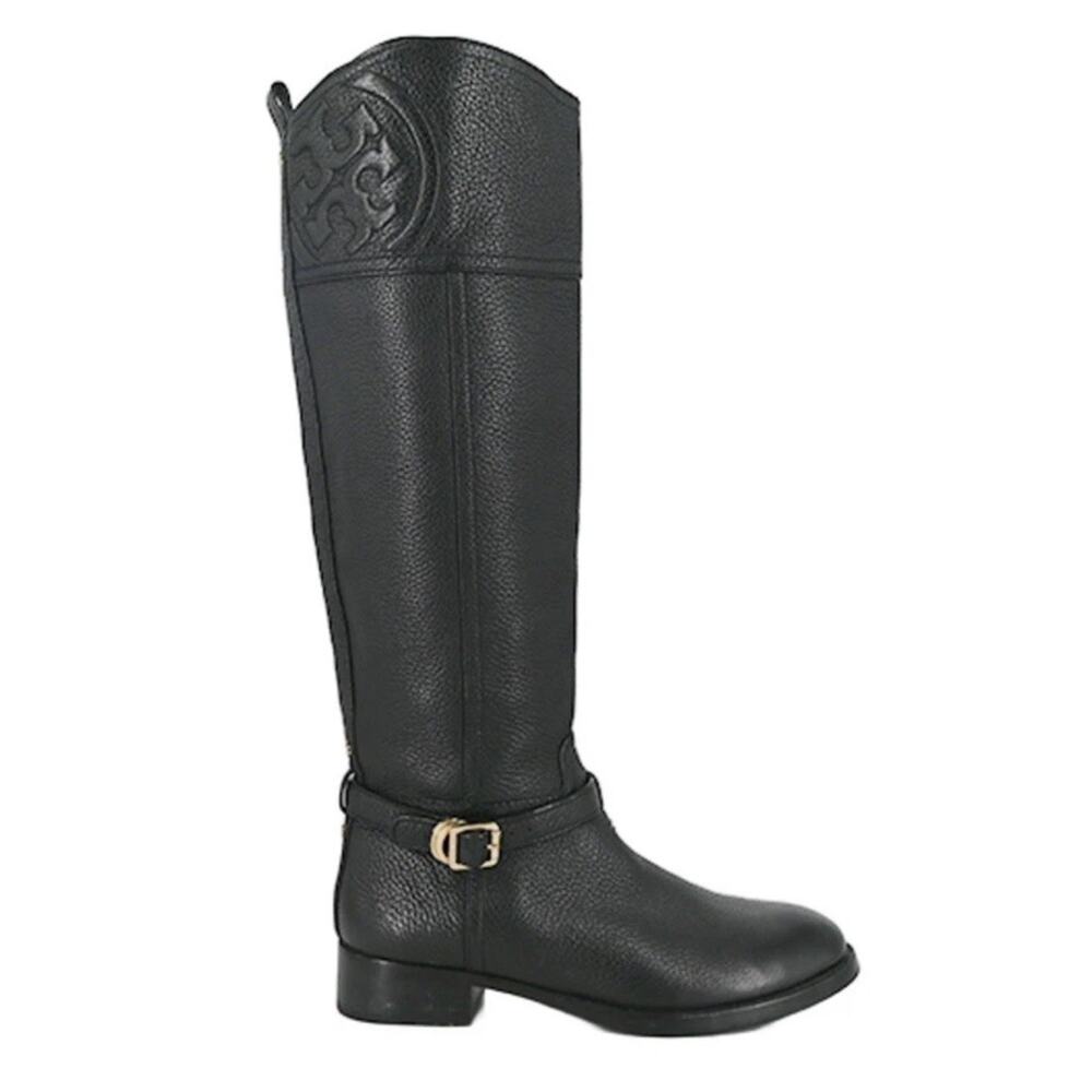 TORY BURCH Marlene Knee High Riding Boots •8.5• Pebbled Black Leather Large Logo